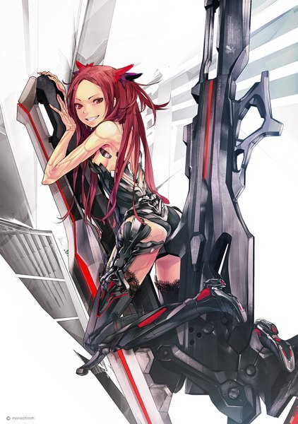 Anime picture 1125x1600 with original beatless redjuice single long hair tall image light erotic smile red eyes bare shoulders ass red hair mecha musume girl thighhighs