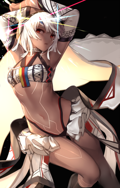 Anime picture 641x1000 with fate (series) fate/grand order fate/extra fate/extella altera (fate) gendo0032 single tall image fringe short hair light erotic simple background hair between eyes red eyes looking away white hair parted lips arms up sparkle dark skin