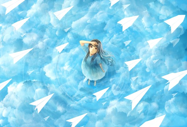 Anime picture 1320x900 with original bounin single long hair looking at viewer black hair smile standing brown eyes cloud (clouds) barefoot from above open clothes reflection looking up girl dress blue dress paper airplane