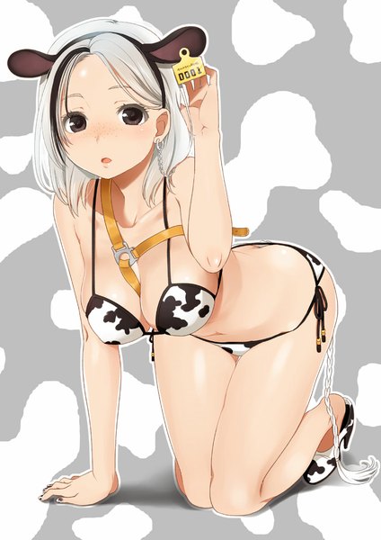Anime picture 826x1169 with original mattaku mousuke single tall image looking at viewer blush short hair breasts light erotic large breasts animal ears silver hair tail bare belly grey eyes high heels fake animal ears on all fours animal print cow ears