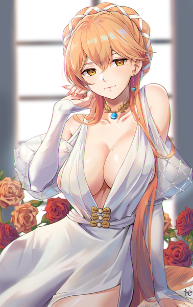 Anime picture 1000x1589 with girls frontline ots-14 (girls frontline) niac single long hair tall image looking at viewer blush fringe breasts light erotic blonde hair hair between eyes large breasts sitting signed yellow eyes cleavage indoors nail polish