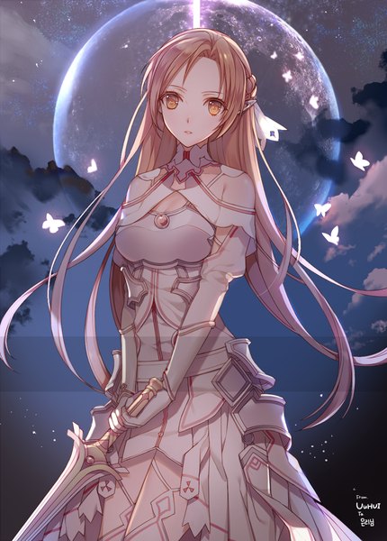 Anime picture 806x1125 with sword art online a-1 pictures yuuki asuna titania (alo) uuhui single tall image looking at viewer brown hair brown eyes signed sky cloud (clouds) pointy ears half updo glow girl dress gloves weapon
