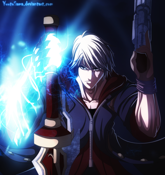 Anime picture 1000x1063 with devil may cry nero (devil may cry) raaa-kun tall image looking at viewer short hair blue eyes white hair inscription coloring glowing boy weapon sword gun