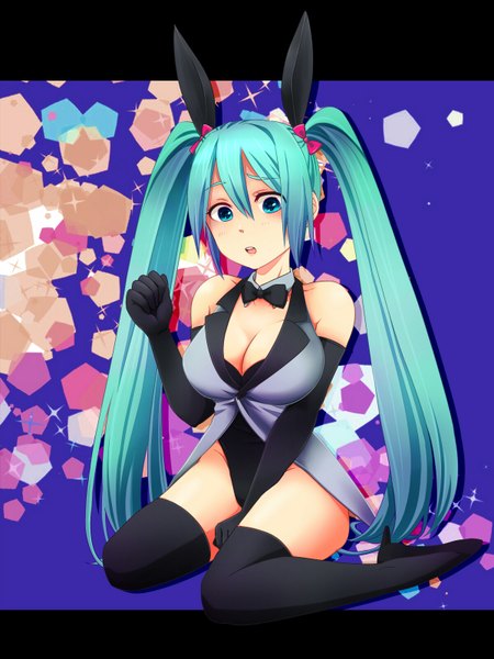 Anime picture 1200x1600 with vocaloid hatsune miku kyuutsugi long hair tall image breasts open mouth light erotic twintails bare shoulders aqua eyes aqua hair bunny ears girl thighhighs gloves black thighhighs elbow gloves bunnysuit