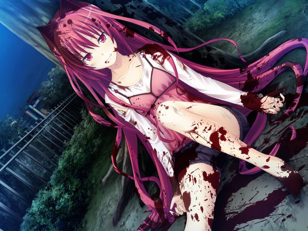 Anime picture 1600x1200 with gurenka kuon (gurenka) nekonyan long hair red eyes animal ears game cg red hair girl blood