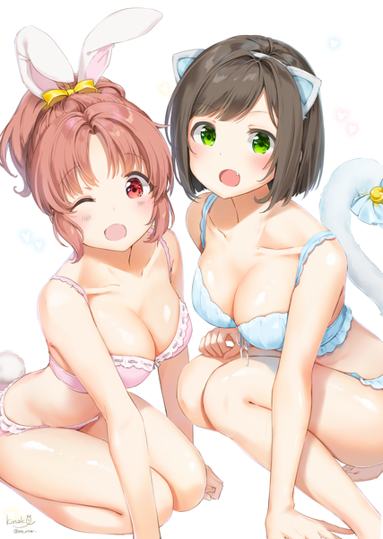 Anime picture 1500x2107 with idolmaster idolmaster cinderella girls maekawa miku abe nana kinako (shiratama mochi) tall image looking at viewer blush fringe short hair breasts open mouth light erotic simple background red eyes brown hair large breasts multiple girls green eyes signed