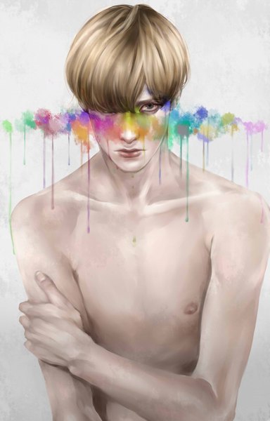 Anime picture 1000x1562 with original nanao (artist) single tall image looking at viewer fringe short hair blonde hair bare shoulders nipples hair over one eye realistic grey background grey eyes topless boy paint
