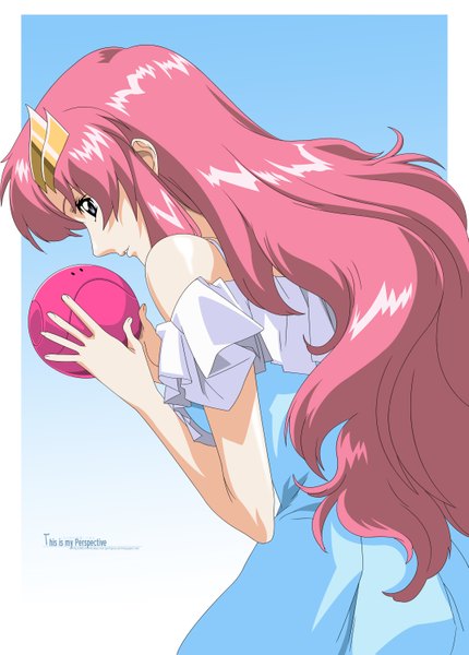 Anime picture 2147x2993 with mobile suit gundam gundam seed destiny sunrise (studio) lacus clyne haro long hair tall image highres simple background pink hair absurdres grey eyes border girl dress hair ornament hairclip blue dress