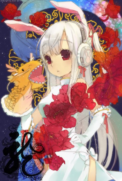Anime picture 1181x1748 with touhou reisen udongein inaba acidear single long hair tall image looking at viewer fringe red eyes signed animal ears silver hair traditional clothes bunny ears alternate costume hand on hip one side up chinese clothes side slit alternate hairstyle