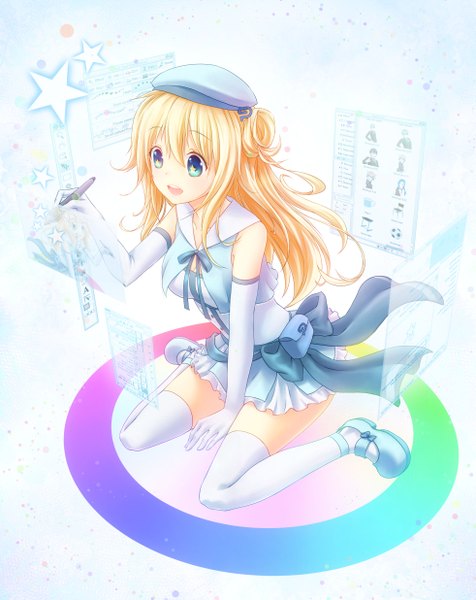 Anime picture 1962x2471 with original nicca (kid nicca) single long hair tall image highres open mouth blue eyes blonde hair girl thighhighs dress gloves white thighhighs elbow gloves white gloves star (symbol)