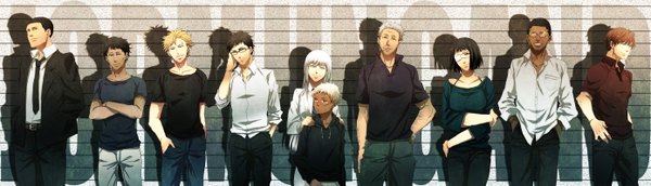 Anime picture 2777x800 with jormungand white fox koko hekmatyar johnathan mar sofia valmer lutz william nelson tojo akihiko ugo (jormungand) r (jormungand) long hair highres short hair blue eyes black hair blonde hair red eyes wide image multiple girls brown eyes