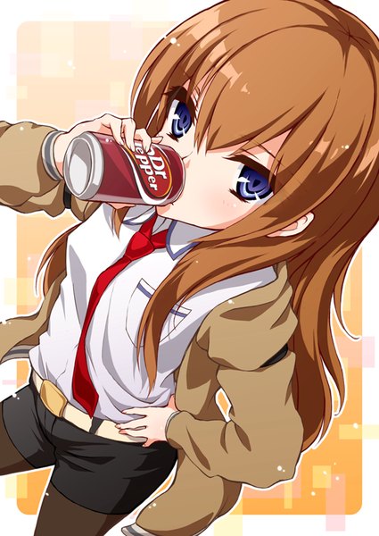 Anime picture 1024x1447 with steins;gate white fox dr pepper makise kurisu neo1031 single long hair tall image brown hair purple eyes hand on hip drinking product placement girl shirt pantyhose necktie jacket shorts