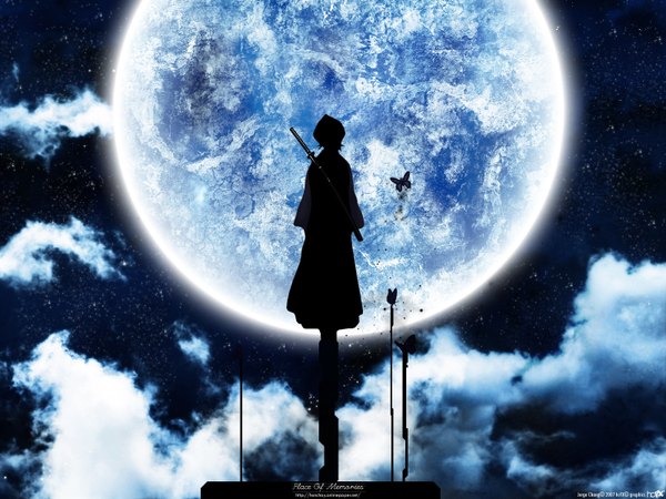 Anime picture 1600x1200 with bleach studio pierrot kuchiki rukia honchay single standing signed cloud (clouds) night night sky dark background blue background third-party edit silhouette girl weapon sword katana moon full moon