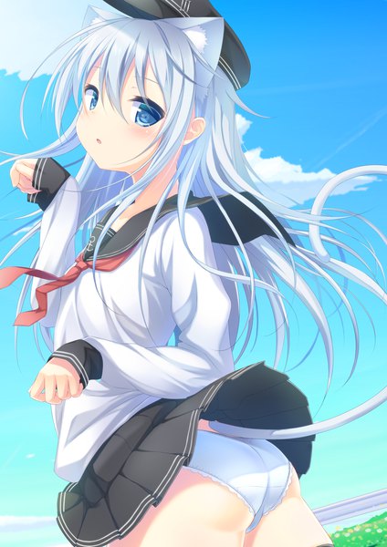 Anime picture 2893x4092 with kantai collection hibiki destroyer leanbox single long hair tall image blush highres blue eyes light erotic animal ears white hair tail animal tail cat ears cat girl cat tail kemonomimi mode girl skirt