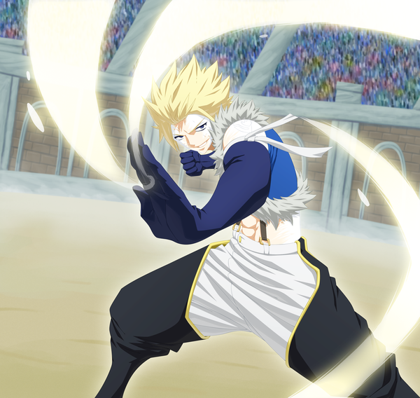 Anime picture 3140x2976 with fairy tail sting eucliffe marxedp single highres short hair blue eyes blonde hair smile absurdres coloring magic muscle boy gloves elbow gloves fur fist