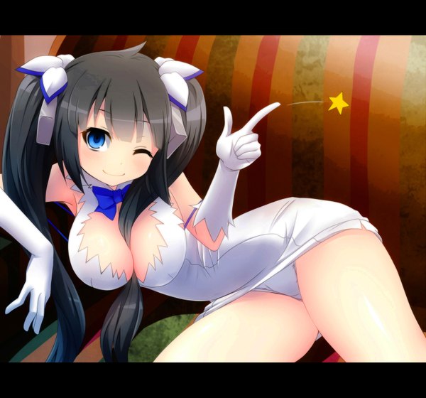 Anime picture 1500x1400 with dungeon ni deai wo motomeru no wa machigatteiru darou ka j.c. staff hestia (danmachi) watarui single long hair looking at viewer breasts blue eyes light erotic black hair smile large breasts twintails one eye closed wink pantyshot rei no himo girl dress