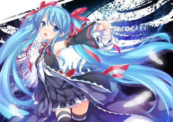 Anime picture 1200x848 with vocaloid hatsune miku 47agdragon single looking at viewer open mouth twintails very long hair aqua eyes aqua hair girl thighhighs dress ribbon (ribbons) black thighhighs hair ribbon detached sleeves feather (feathers)