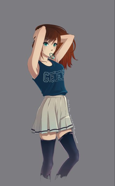 Anime picture 2485x4000 with original charlie ray single long hair tall image looking at viewer blush fringe highres simple background brown hair green eyes pleated skirt grey background armpit (armpits) hands on head girl thighhighs skirt hair ornament
