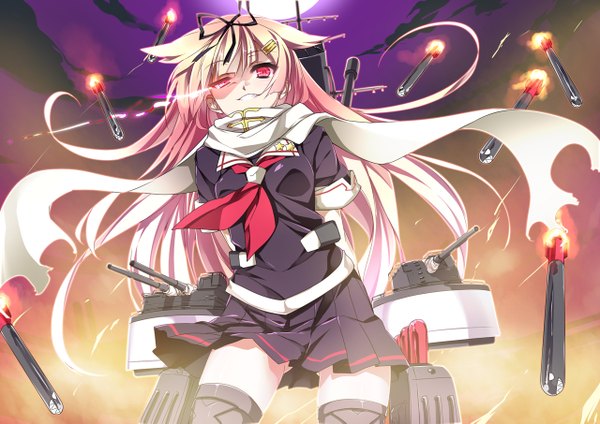 Anime picture 1280x905 with kantai collection yuudachi destroyer mtu (orewamuzituda) single long hair looking at viewer blonde hair red eyes night hands behind back remodel (kantai collection) girl skirt hair ornament ribbon (ribbons) hair ribbon miniskirt scarf moon thigh boots