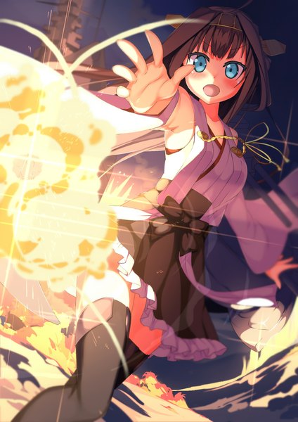 Anime picture 1500x2122 with kantai collection kongou battleship kawai (purplrpouni) single long hair tall image looking at viewer blush fringe open mouth blue eyes brown hair standing long sleeves wide sleeves outstretched arm happy spread arms smoke nontraditional miko