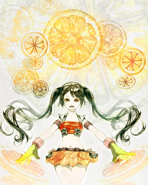 Anime picture 1024x1280 with arancia project original arancia niji single long hair tall image open mouth black hair twintails orange eyes girl gloves navel miniskirt orange (fruit)