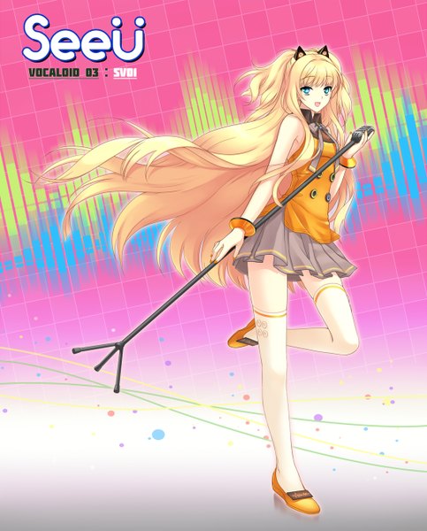 Anime picture 1080x1341 with vocaloid seeu single long hair tall image blue eyes blonde hair two side up girl thighhighs skirt miniskirt white thighhighs microphone microphone stand