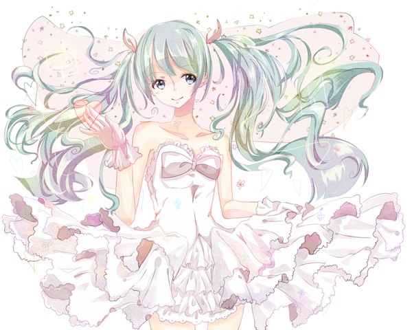 Anime picture 1280x1024 with vocaloid hatsune miku single long hair looking at viewer twintails aqua eyes aqua hair girl dress bow hair bow