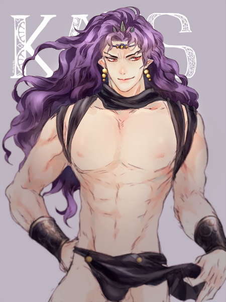Anime picture 750x1000 with jojo no kimyou na bouken cars (jojo) milkuriem single long hair tall image light erotic simple background smile red eyes purple eyes looking away horn (horns) wind pointy ears character names hand on hip groin wavy hair topless