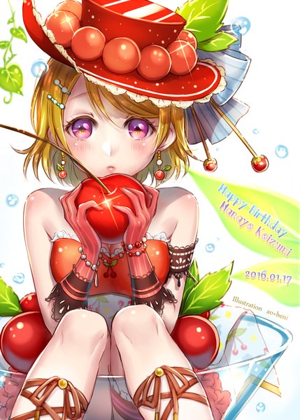 Anime picture 740x1035 with love live! school idol project sunrise (studio) love live! koizumi hanayo ao+beni single tall image looking at viewer blush short hair blonde hair purple eyes bare shoulders food print cherry print girl dress gloves hat fruit