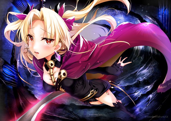 Anime picture 1535x1085 with fate (series) fate/grand order toosaka rin ereshkigal (fate) sasakuma kyouta single long hair looking at viewer blush fringe breasts open mouth light erotic blonde hair red eyes signed full body long sleeves two side up depth of field