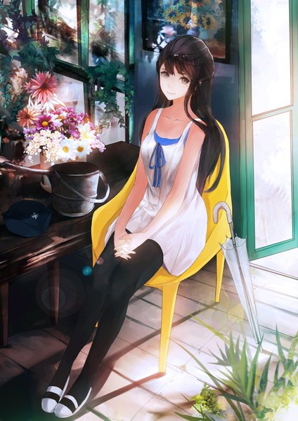 Anime picture 2480x3507 with original yong kit lam single long hair tall image looking at viewer highres black hair sitting brown eyes mole shadow mole under eye closed umbrella transparent umbrella girl dress flower (flowers) pantyhose black pantyhose