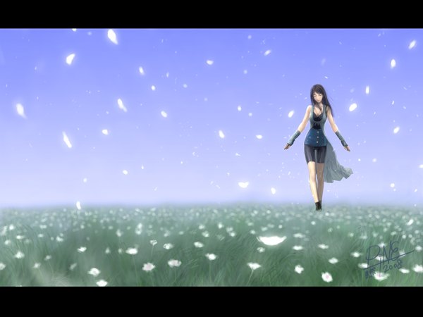 Anime picture 1600x1200 with final fantasy final fantasy viii square enix rinoa heartilly jayun single highres breasts black hair cleavage eyes closed wallpaper walking field gloves flower (flowers) detached sleeves petals bike shorts