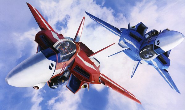 Anime picture 2000x1199 with macross highres wide image sky boy weapon aircraft airplane jet