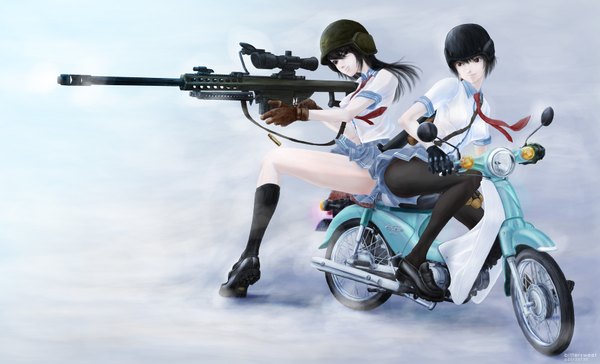 Anime picture 1800x1094 with original bitter sweet (artist) fringe highres black hair wide image sitting holding black eyes sniper skirt gloves uniform weapon school uniform shirt pantyhose socks shoes gun