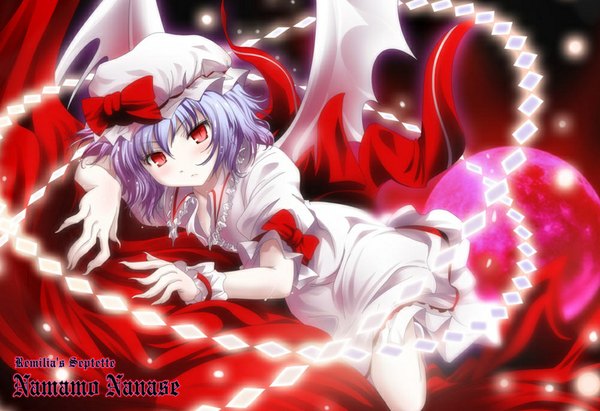 Anime picture 1000x685 with touhou remilia scarlet namamo nanase single looking at viewer short hair red eyes blue hair red moon girl dress bow wings bonnet