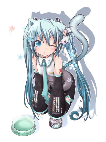 Anime picture 1500x2000 with vocaloid hatsune miku single long hair tall image blush simple background white background twintails animal ears tail one eye closed aqua eyes wink cat ears aqua hair shadow cat tail girl skirt