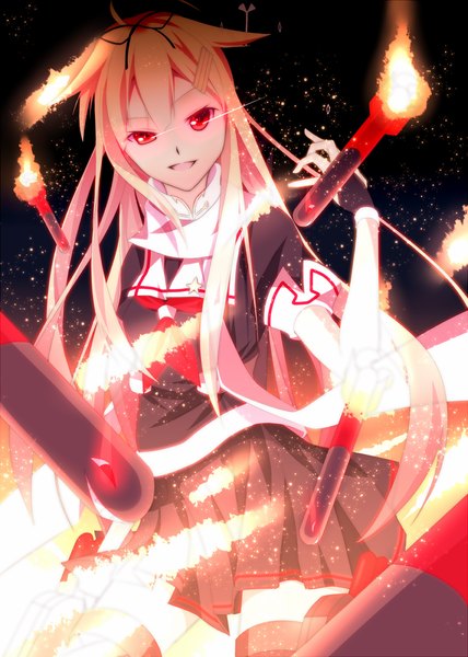 Anime picture 857x1200 with kantai collection yuudachi destroyer kawasaki toiro single long hair tall image looking at viewer open mouth blonde hair red eyes remodel (kantai collection) girl thighhighs skirt weapon black thighhighs sailor suit missile
