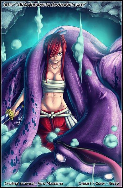 Anime picture 722x1100 with fairy tail erza scarlet diabolumberto single long hair tall image fringe light erotic smile brown eyes ponytail red hair hair over one eye bare belly midriff coloring smoke blank eyes girl navel