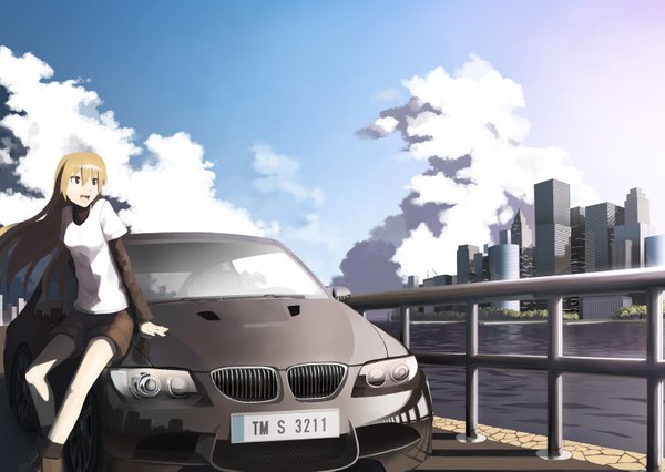 Anime picture 1500x1066 with original bmw sakais3211 long hair open mouth blonde hair brown eyes sky cloud (clouds) city river girl shorts ground vehicle car