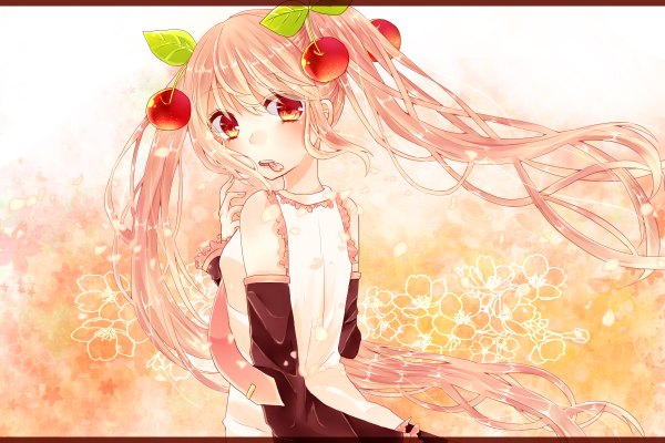Anime picture 1200x800 with vocaloid hatsune miku sakura miku tagme (artist) looking at viewer blush open mouth red eyes standing twintails pink hair very long hair wind back multicolored eyes uniform hair ornament flower (flowers) detached sleeves petals
