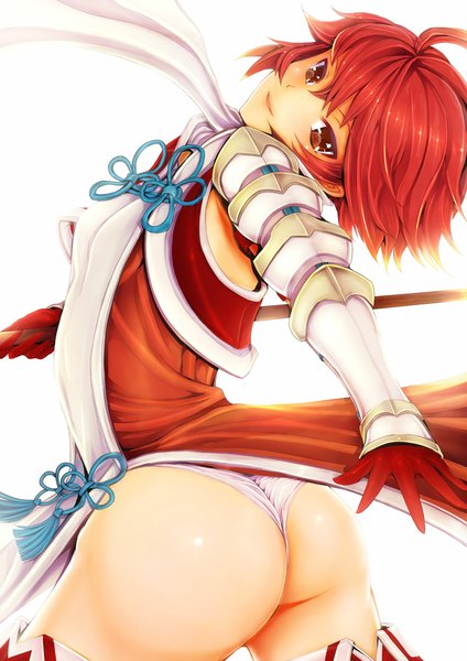 Anime picture 800x1131 with fire emblem fire emblem fates nintendo hinoka (fire emblem) teruru single tall image looking at viewer fringe short hair light erotic simple background red eyes white background ass red hair looking back girl underwear panties