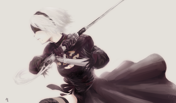 Anime picture 1725x1012 with nier nier:automata yorha no. 2 type b sukoshisukunai single highres short hair simple background wide image white background holding signed white hair parted lips profile lips mole outstretched arm cleavage cutout mole under mouth