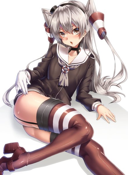 Anime picture 700x954 with kantai collection amatsukaze destroyer keita (tundereyuina) single long hair tall image looking at viewer blush open mouth light erotic brown eyes silver hair two side up girl thighhighs uniform hair ornament hat serafuku mini hat