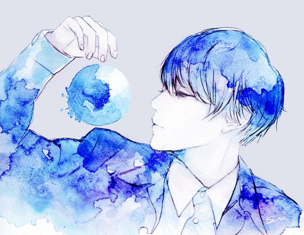 Anime picture 2951x2285 with original parel (artist) single highres short hair simple background signed blue hair profile grey background grey eyes traditional media watercolor (medium) boy bubble (bubbles) suit