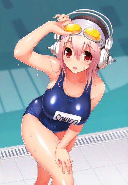 Anime picture 4843x6976 with nitroplus super sonico tsujisaki single long hair tall image blush highres open mouth light erotic red eyes pink hair absurdres wet girl swimsuit headphones one-piece swimsuit goggles school swimsuit