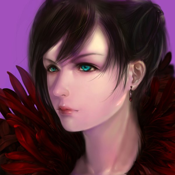 Anime picture 1024x1024 with jakuroi (pixiv) single short hair black hair simple background aqua eyes lips close-up face purple background girl earrings