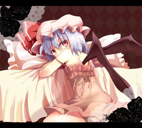 Anime picture 1330x1200 with touhou remilia scarlet take tonbo single short hair red eyes blue hair looking back bat wings girl dress flower (flowers) rose (roses) bonnet