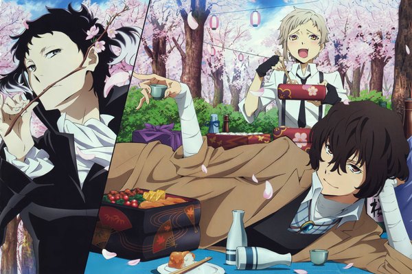 Anime picture 9246x6151 with bungou stray dogs studio bones dazai osamu (bungou stray dogs) nakajima atsushi akutagawa ryuunosuke (bungou stray dogs) looking at viewer fringe highres short hair open mouth black hair smile hair between eyes brown hair holding brown eyes absurdres outdoors white hair multicolored hair