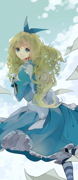 Anime picture 1000x2314 with are you alice marianne (are you alice) dj.adonis dadonikaaaaaa single long hair tall image blue eyes blonde hair smile looking away sky looking back aqua eyes light smile from behind looking up curly hair girl dress