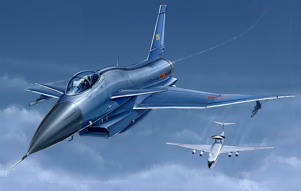 Anime picture 1200x764 with original kcme sky cloud (clouds) flying pilot weapon airplane jet j-10